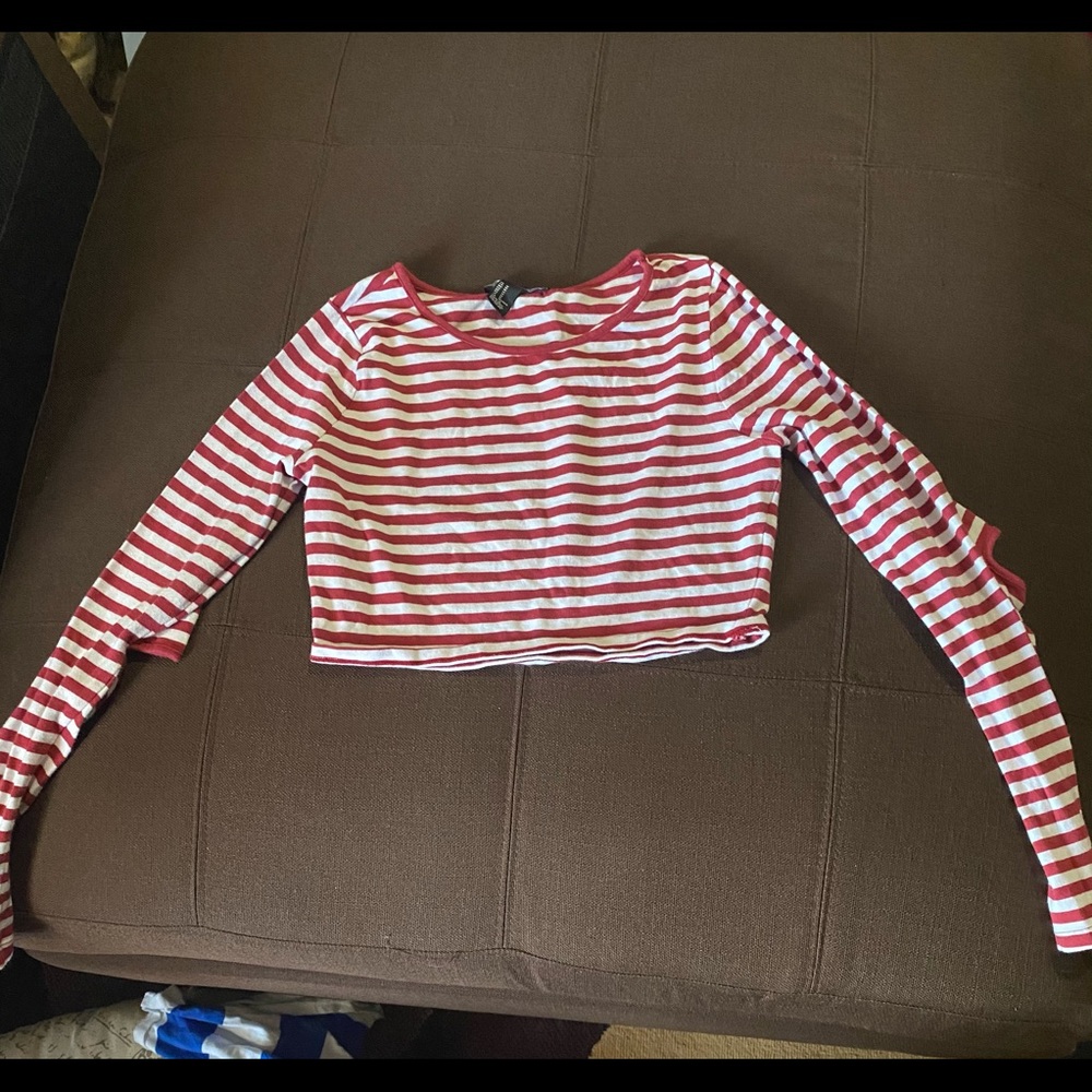 Red and white stripped crop top with long sleeves